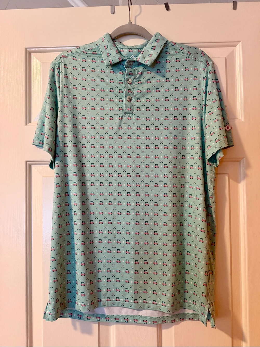 BURLEBO Mens Performance Polo Size M Mint Green w/Golf Carts & Clubs Print